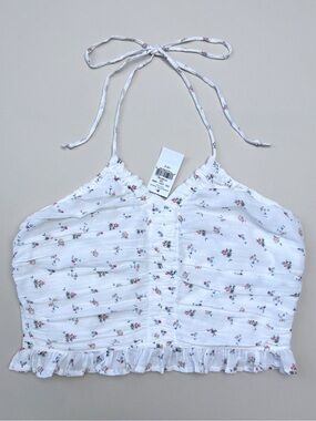 Aerie White Floral Cottagecore 100% Cotton Ruffle Smocked Cropped Halter Top NWT